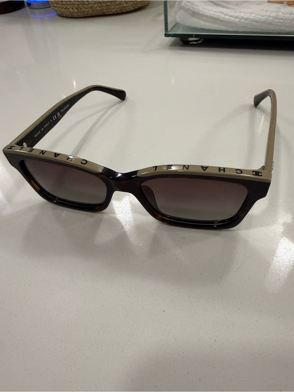 CHANEL Tortoise Frame Sunglasses with Gold Temples